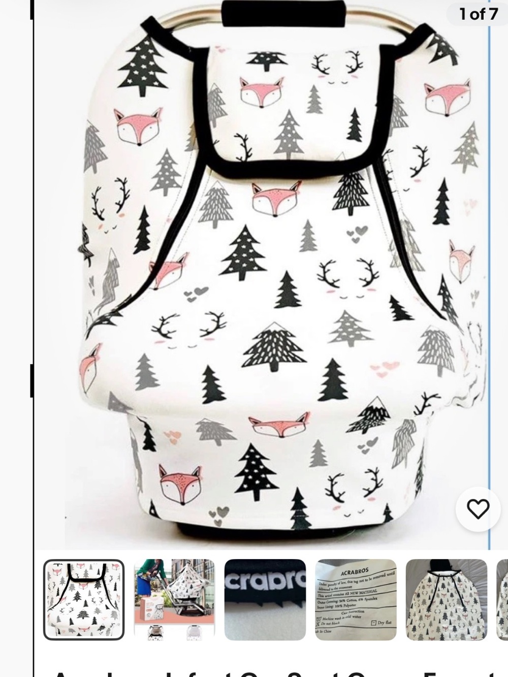 Infant Car Seat Cover in White with Pink Fox & Black Tree Print NEW in package